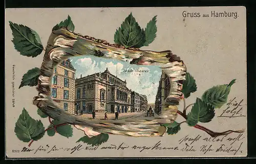 Passepartout-Lithographie Hamburg-Neustadt, Stadt-Theater dargestellt auf Holz