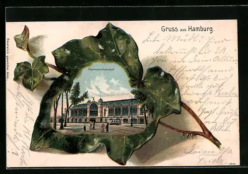 Passepartout-Lithographie Hamburg-Rotherbaum, Der Dammtorbahnhof in einem Eichenblatt