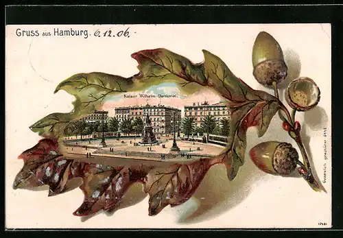 Passepartout-Lithographie Hamburg, Strassenpartie am Kaiser Wilhelm-Denkmal mit Eichenblatt