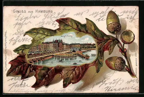 Passepartout-Lithographie Hamburg-Neustadt, Ansicht Jungfernstieg im Eichenblatt