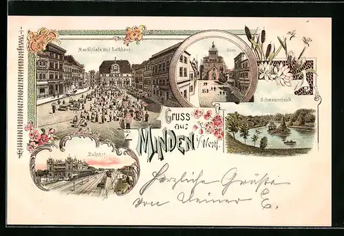 Lithographie Minden /Westf., Marktplatz mit Rathhaus, Dom und Bahnhof