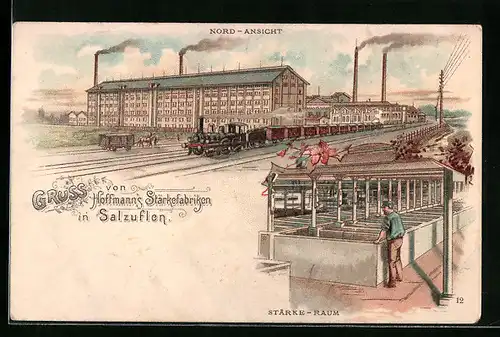 Lithographie Salzuflen, Hoffmann`s Stärkefabriken, Nord-Ansicht, Sätrke-Raum mit Fabrikarbeiter