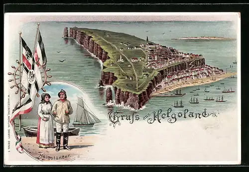 Lithographie Helgoland, Blick zur Insel, Helgoländer in Tracht, beleuchtete Fenster