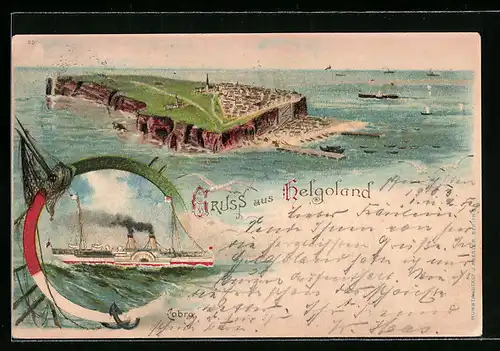 Lithographie Helgoland, Totalansicht, Dampfer Cobra