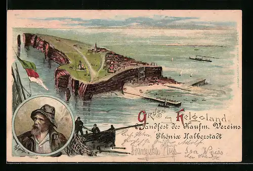 Lithographie Helgoland, Blick auf die Insel mit Fischerboot