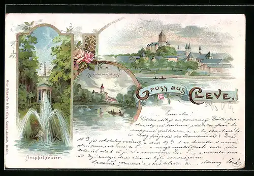 Lithographie Bad Cleve, Amphitheater, Schwanenburg, Totalansicht