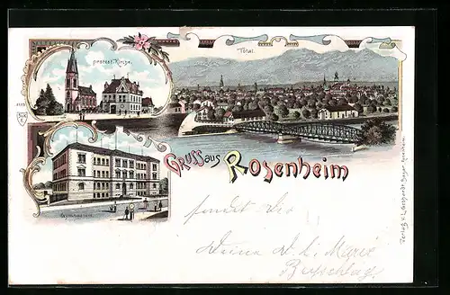 Lithographie Rosenheim, Totalansicht, Protestantische Kirche, Gymnasium