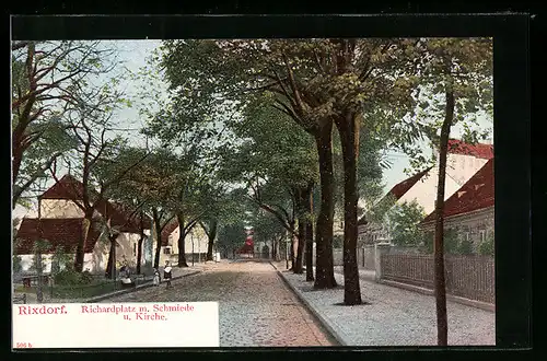 AK Berlin-Rixdorf, Richardplatz mit Schmiede & Kirche