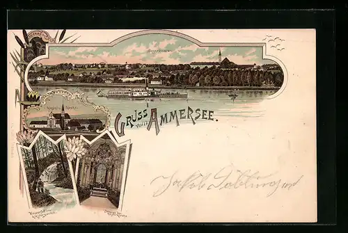 Lithographie Bayerdiessen / Ammersee, Teilansicht und Dampfer, Wasserfall im Klostergarten, Inneres der Klosterkirche