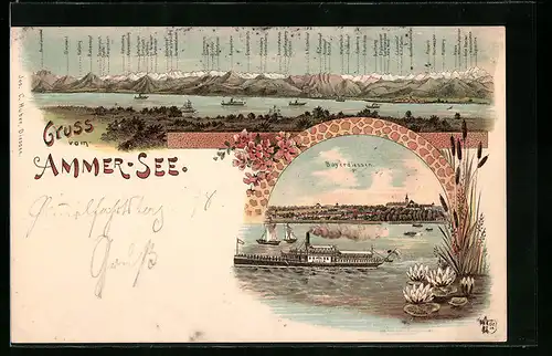 Lithographie Bayerdiessen, Dampfer auf dem Ammer-See, Gebirgskette