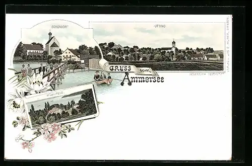 Lithographie Utting, Mühlfeld, Schondorf, Teilansicht mit Kirche