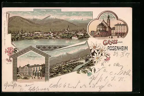 Lithographie Rosenheim, Ortsansicht mit Kaiserbad und Kirche