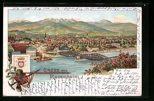 Lithographie Rosenheim, Flusspartie mit Brücke und Stadtansicht