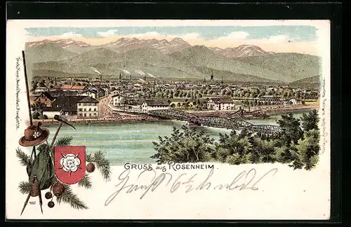 Lithographie Rosenheim, Panorama der Stadt mit den Alpen