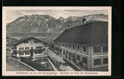 AK Fischbach am Inn, Gasthof zur Post mit Dependance, Ortsansicht mit Kaisergebirge