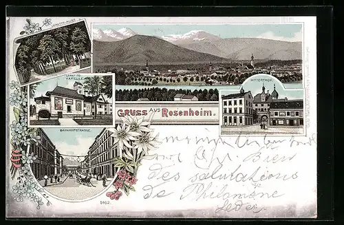 Lithographie Rosenheim, Bahnhofstrasse, Loretto-Kapelle, Ortsansicht