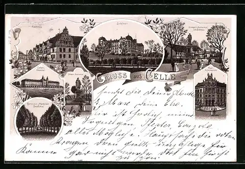 Lithographie Celle, Schloss, Rathaus, Infanterie-Kaserne & Caroline-Mathilde Denkmal