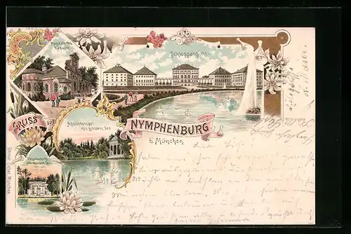 Lithographie München-Nymphenburg, Schloss, Magdalenen-Kapelle, Apollotempel mit grossem See, Pagodenburg mit kleinem See