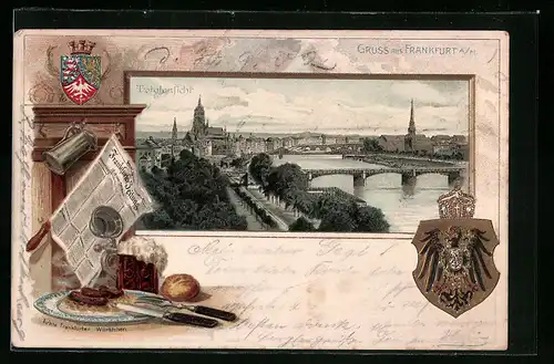 Passepartout-Lithographie Frankfurt a. M., Panorama mit Brücken über den Main, Wappen