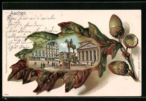 Passepartout-Lithographie Aachen, Kaiser Wilhelm I. Denkmal, Blick durch ein Eichenblatt