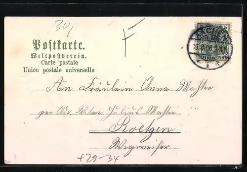 Passepartout-Lithographie Aachen, Kaiser Wilhelm I. Denkmal, Blick durch ein Eichenblatt