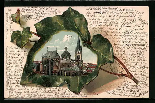 Passepartout-Lithographie Aachen, Efeublatt mit Domblick