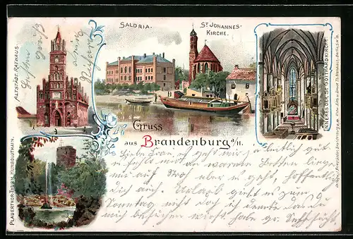 Lithographie Brandenburg, St. Johanniskirche, Altstädter Rathaus, Inneres der St. Gotthardkirche