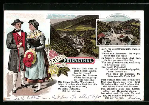 Lithographie Petersthal, Ortsansicht, Bad Petersthal, Schwarzwälder Paar in Tracht