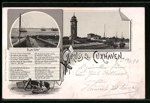 Lithographie Cuxhaven, Die alte Liebe, Leuchtturm mit Booten