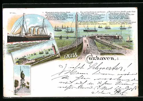 Lithographie Cuxhaven, Leuchtturm und Seepavillon, Kriegerdenkmal, Dampferschiff