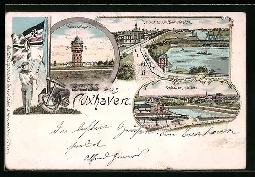 Lithographie Cuxhaven, Wasserthurm, Deichstrasse mit Binnenhafen, Cuxhaven v. d. See