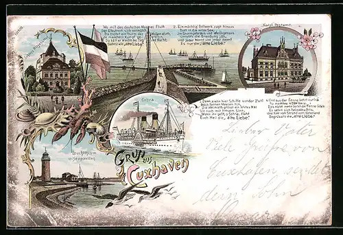 Lithographie Cuxhaven, Gasthaus Seepavillon & Leuchtturm, Kaiserliches Postamt, Dampfer Cobra