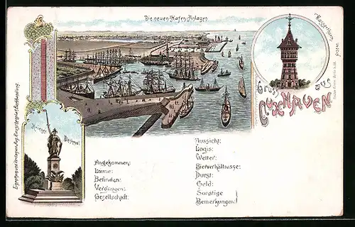 Lithographie Cuxhaven, Die neuen Hafen-Anlagen, Wasserthurm, Kriegerdenkmal