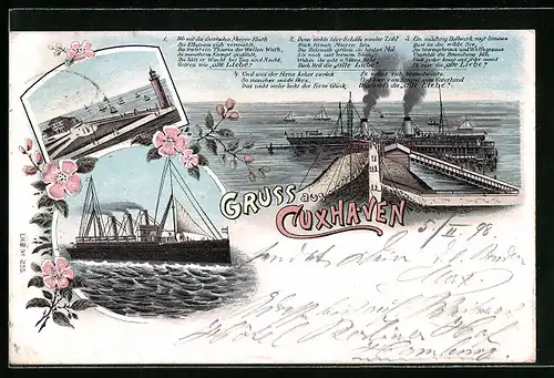 Lithographie Cuxhaven, Dampfschiffe, Leuchtturm und Seepavillon