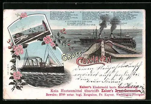 Lithographie Cuxhaven, Dampfschiffe, Leuchtturm und Seepavillon