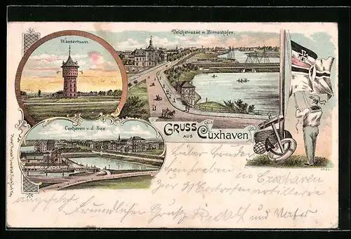 Lithographie Cuxhaven, Deichstrasse mit Binnenhafen, Wasserturm, Cuxhaven v. d. See