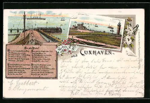 Lithographie Cuxhaven, Die alte Liebe, Seepavillon und Leuchtturm