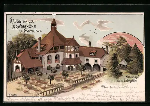 Lithographie Darmstadt, Gasthaus auf der Ludwigshöhe, Marientempel