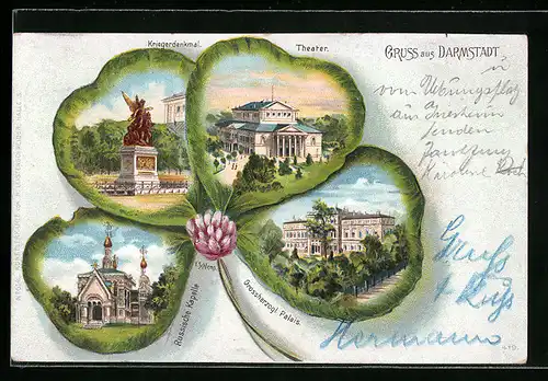 Passepartout-Lithographie Darmstadt, Ansichten auf Kleeblatt, Kriegerdenkmal, Theater