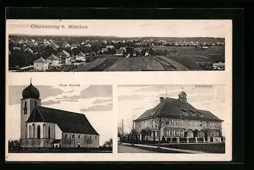 AK Obermenzing / München, Ortsansicht, Neue Kirche, Schulhaus