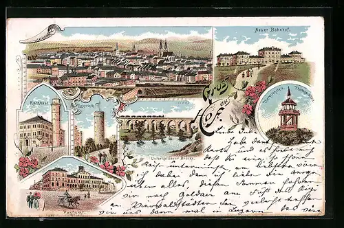 Lithographie Hof, Ortsansicht, Neuer Bahnhof, Rathaus, Postamt, Labyrinth