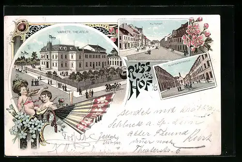 Lithographie Hof, Variete-Theater, Altstadt, Kloster-Strasse