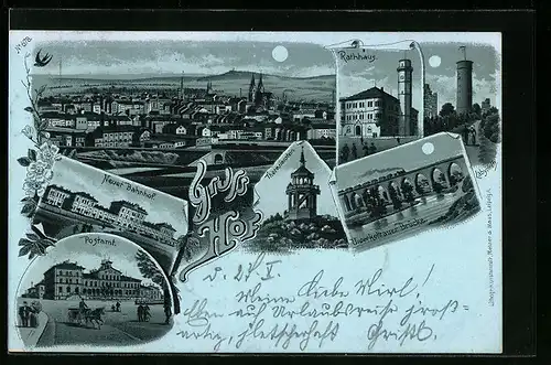 Mondschein-Lithographie Hof, Neuer Bahnhof, Postamt und Unterkotzauer Brücke