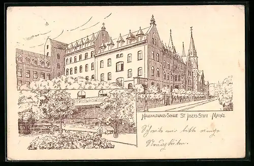 Künstler-AK Mainz, Haushaltungs-Schule St. Josefs-Stift, Garten