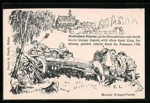 Künstler-AK Mainz, Dalheimer Kloster an den Römersteinen, Soldaten mit Geschütz