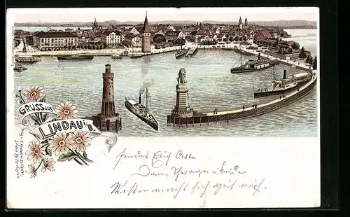 Lithographie Lindau i. B., Hafeneinfahrt mit Leuchtturm und Dampfer