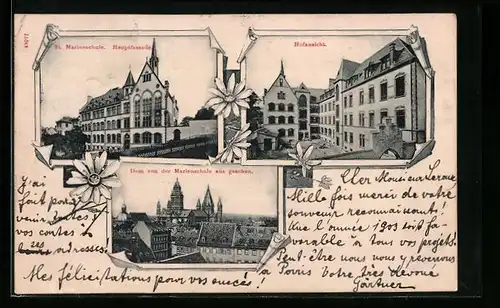 Lithographie Mainz, Domansicht, St. Marienschule Hauptfassade und Hofansicht
