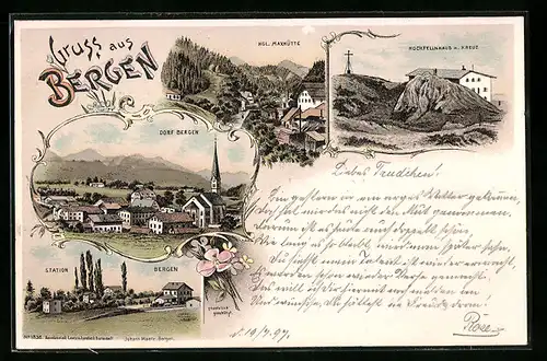 Lithographie Bergen, Panorama Dorf Bergen, Kgl. Maxhütte und Hochfellnhaus m. Kreuz