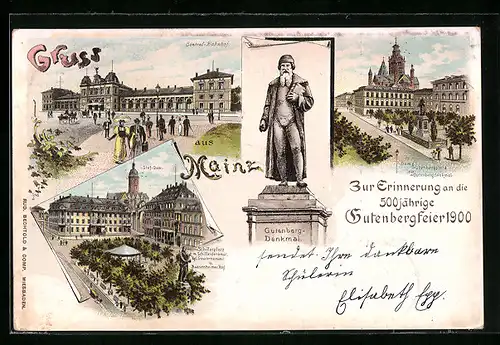 Lithographie Mainz, Zur Erinnerung an die 500 jährige Gutenbergfeier, Central-Bahnhof, Dom & Gutenbergplatz mit Denkmal