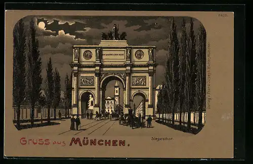 Mondschein-Lithographie München, Siegesthor mit Passanten und Kutsche